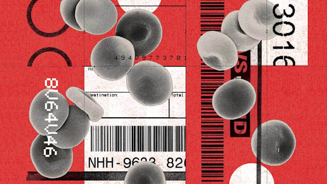 Collage illustration of red blood cells on a red background with stylized barcode and tracking label motifs