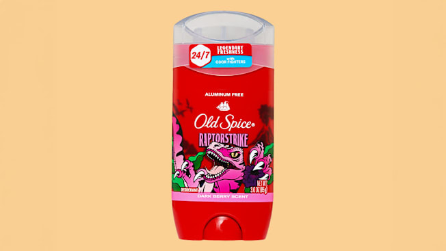 Old Spice Raptorstrike Dark Berry Scent Deodorant on light orange background