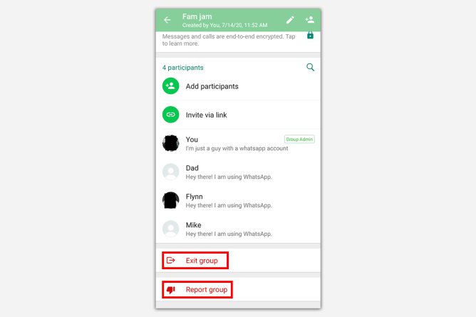 A screenshot of WhatsApp showing how you can leave or a report a group chat.