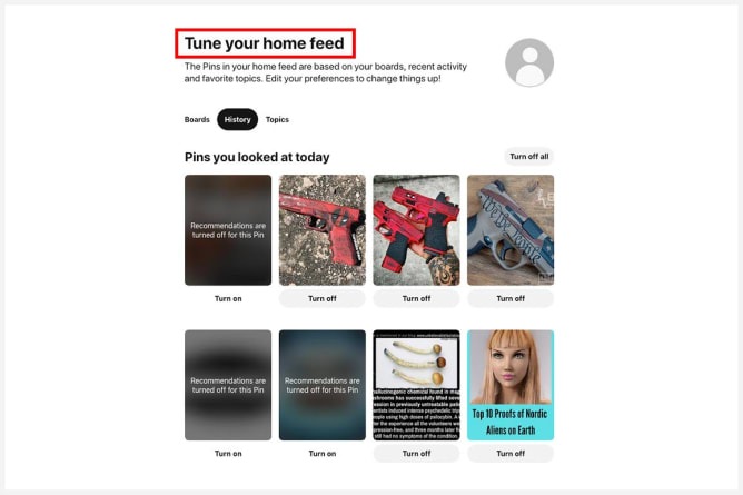 Screenshot of Pinterest showing how to edit what you see on your homepage.
