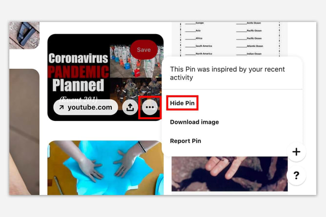 A screenshot of Pinterest showing how you can hide certain pins.