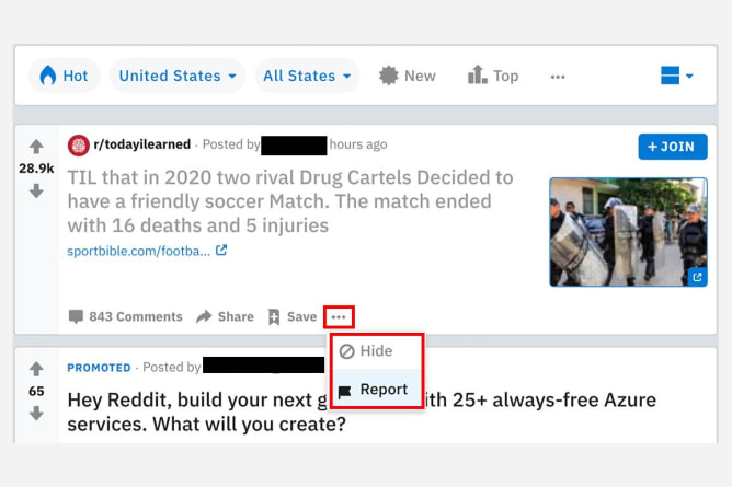 A screenshot of Reddit showing how to hide or report a Reddit post.