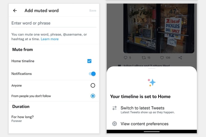 Screenshots from Twitter showing how to add a muted word and how to set your timeline to Home.