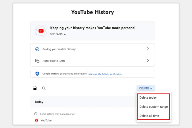 A screenshot from Youtube showing how you can delete your watch history.