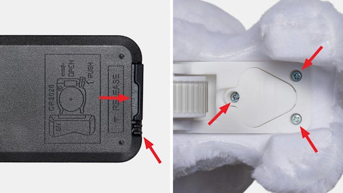 split showing images of two different types of safe battery compartments with arrows pointing to safety elements (on string lights remote and stuffed dog toy)