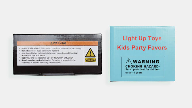 comparison between two different types of button battery warning labels, one being successful and the other not