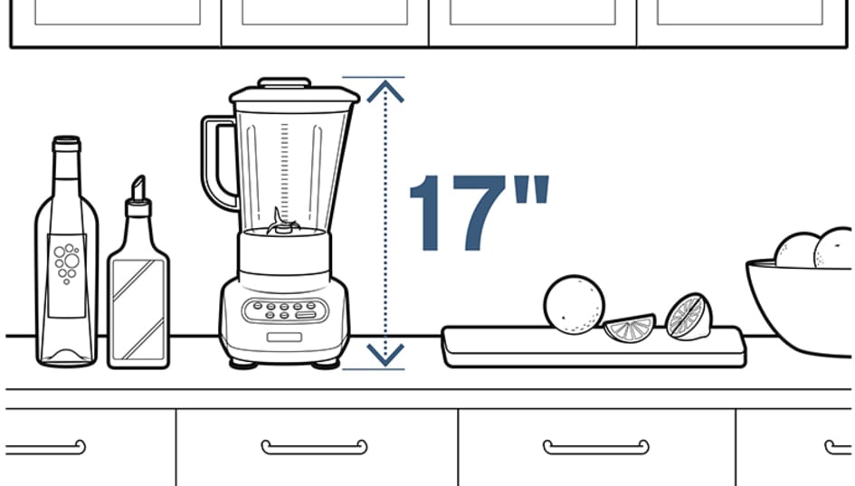A blender that’s 17 inches tall (or less) should fit under your kitchen cabinets for easy storage.