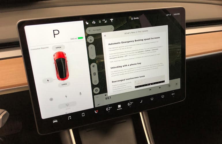 CR's Tesla Model 3, showing notes about its most recent update.