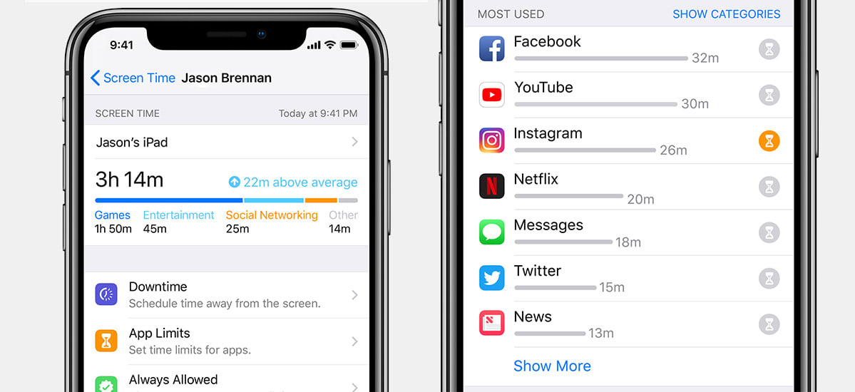 Two iPhone screens showing updates that help you monitor your screen time.