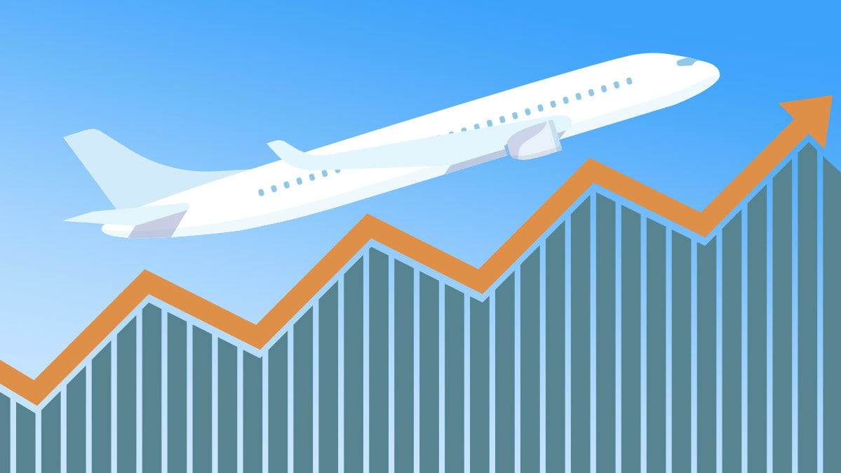 An illustration of an airplane climbing up an airfare hike price chart