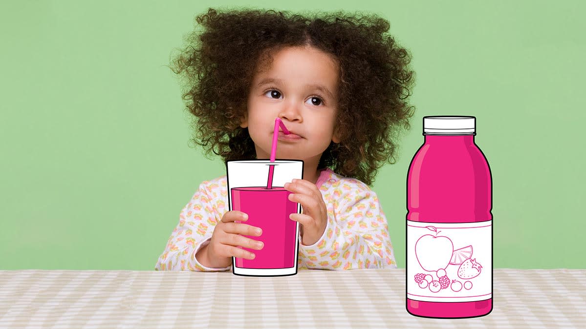 A photoillustration of a young girl drinking fruit juice