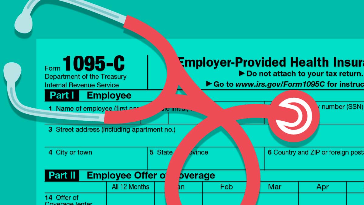 Illustration of a IRS Form 1095-C with a stethoscope
