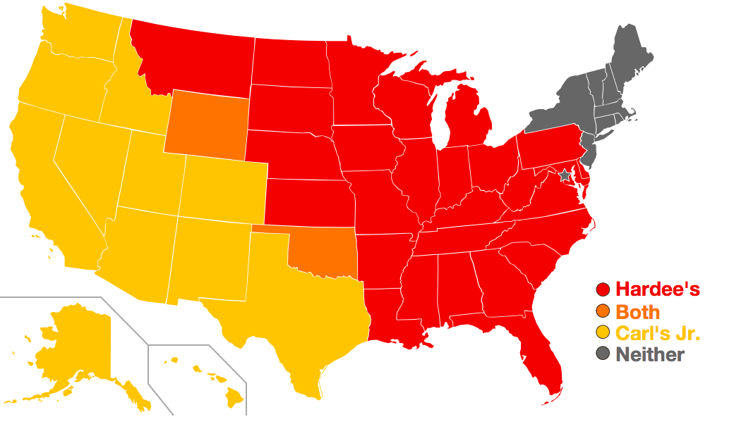 A map shows the locations of Hardee's (red) and Carl's Jr. (yellow) locations around the country.   wikipedia user Gage