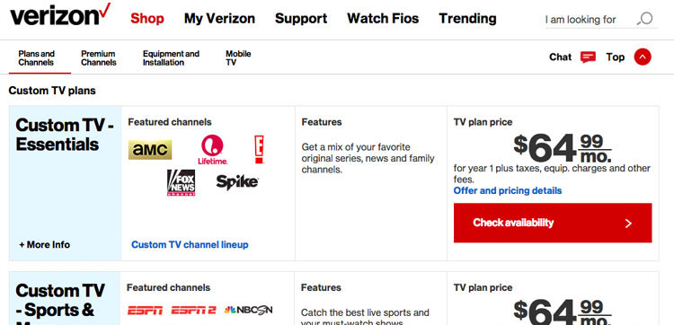 Screen Grab Of Two The Verizon Fios Tv Packages With Diffe Pricing