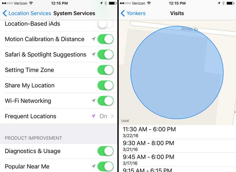 What personal data stays on your phone? In many cases, location data, as seen in these two iPhone screenshots