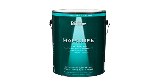 Photo of a can of "pure white" Behr interior paint.