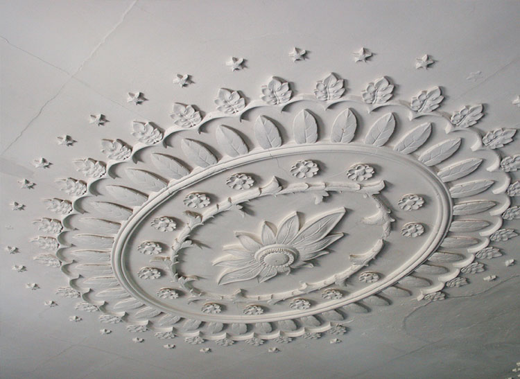 Plaster ceiling medallion painted with white paint.