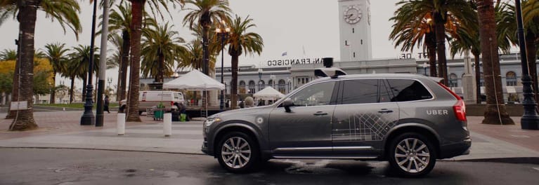 A photo of a self-driving Volvo XC90 being tested by Uber in its UberX autonomous vehicle ride-share program in San Francisco.