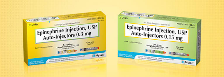 A photo of two packages of Mylan EpiPen auto-injectors of epinephrine emergency allergy drug. 