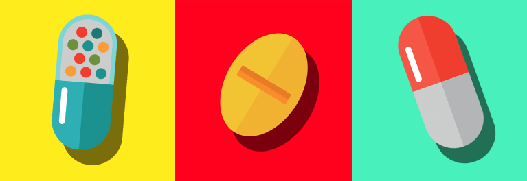 Illustration of various pills and capsules