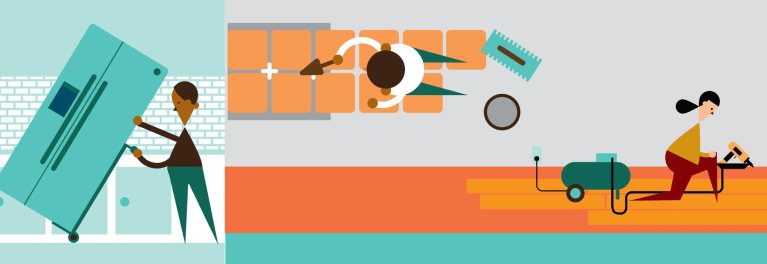 A graphic of people doing kitchen remodeling.