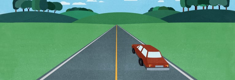 Driving Skills: Illustration of a car moving down a country road