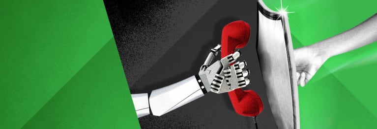 Illustration of a robot hand holding a phone and a human hand holding a shield.