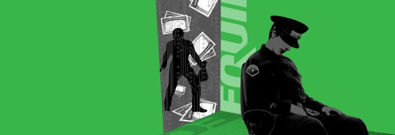 Illustration of a security guard sleeping while a criminal steals money and personal data