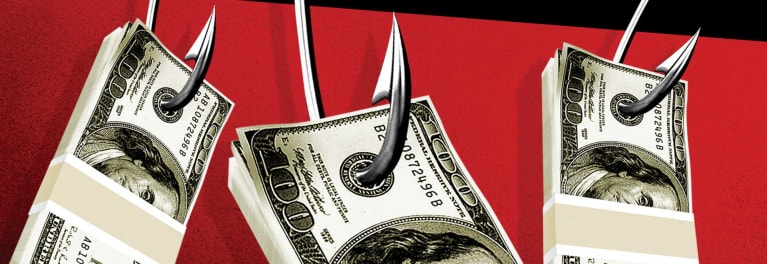 An illustration of $100 bills on fishing hooks, illustrating money as bait in financial scams.