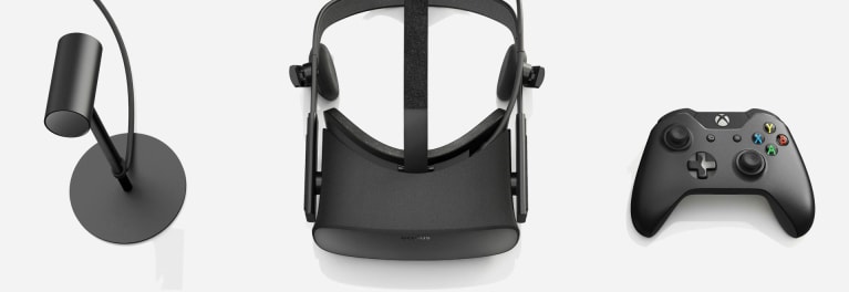An image of the Oculus Sensor, Oculus Rift VR headset and a wired Xbox One controller.