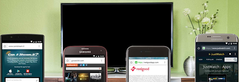 For an article on free sites that search streaming services, this is a photo of 3 phones showing streaming-search apps.