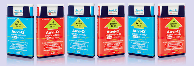 A photo of boxes of Auvi-Q emergency anti-allergy drug, an up-coming cheaper alternative to Mylan's $600 EpiPen auto-injector, says maker Kaleo.