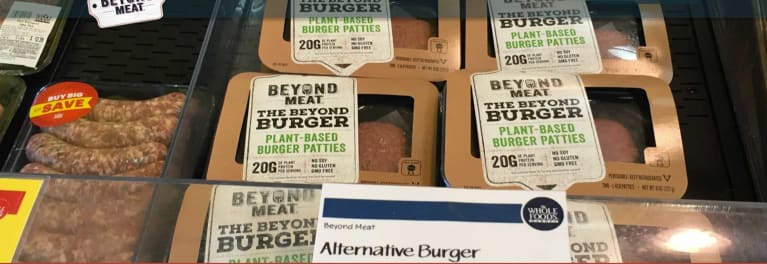 Beyond Burger meat patties are sold in the meat section of select Whole Foods Markets.